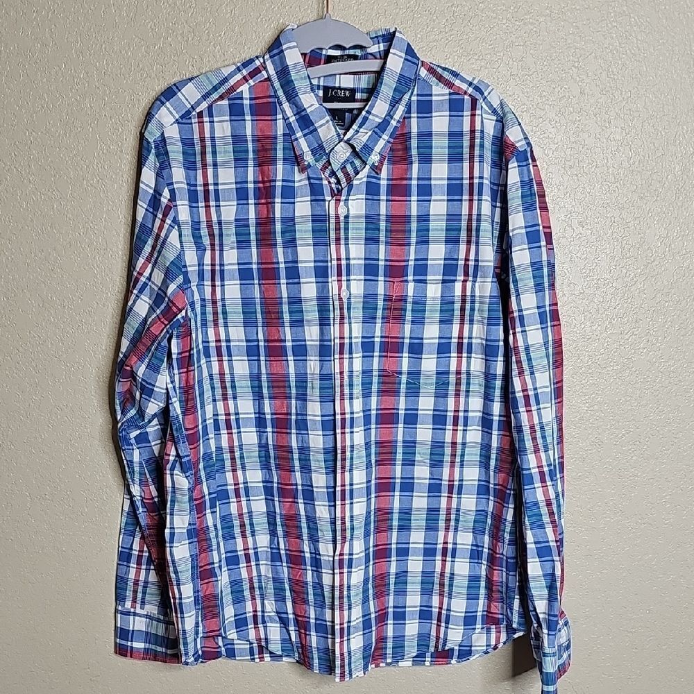 J. Crew Slim Untucked Blue and Red Plaid Long Sleeve Casual Button Down‎ Shirt L